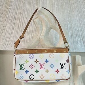 Louis Vuitton Multicolor Monogram White Gold Studded Shoulder Bag Strap Clutch